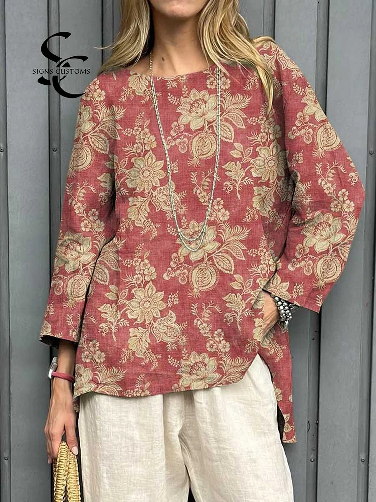 Women's Vintage Floral Art Print Casual Cotton Linen Shirt