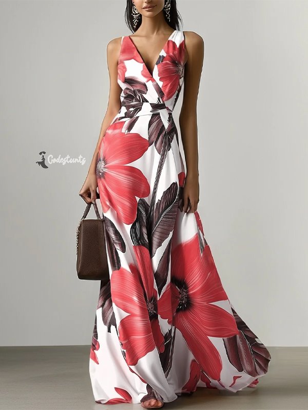 V-neck Sleeveless Printed Maxi Dress