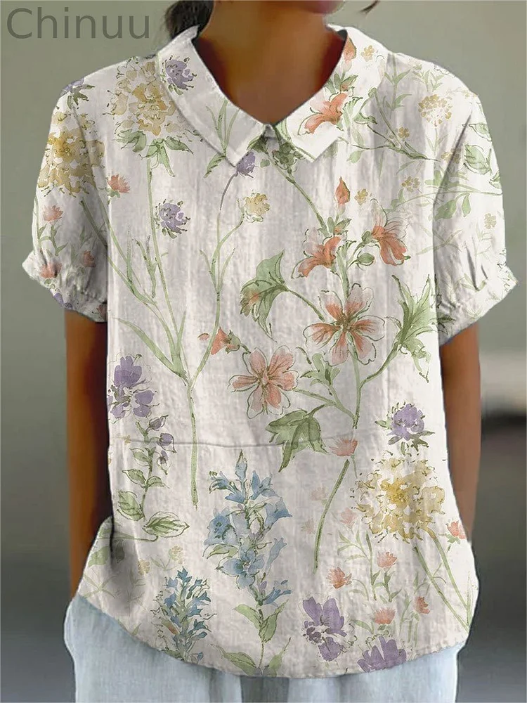 Women's Flower Print Casual Cotton And Linen Shirt