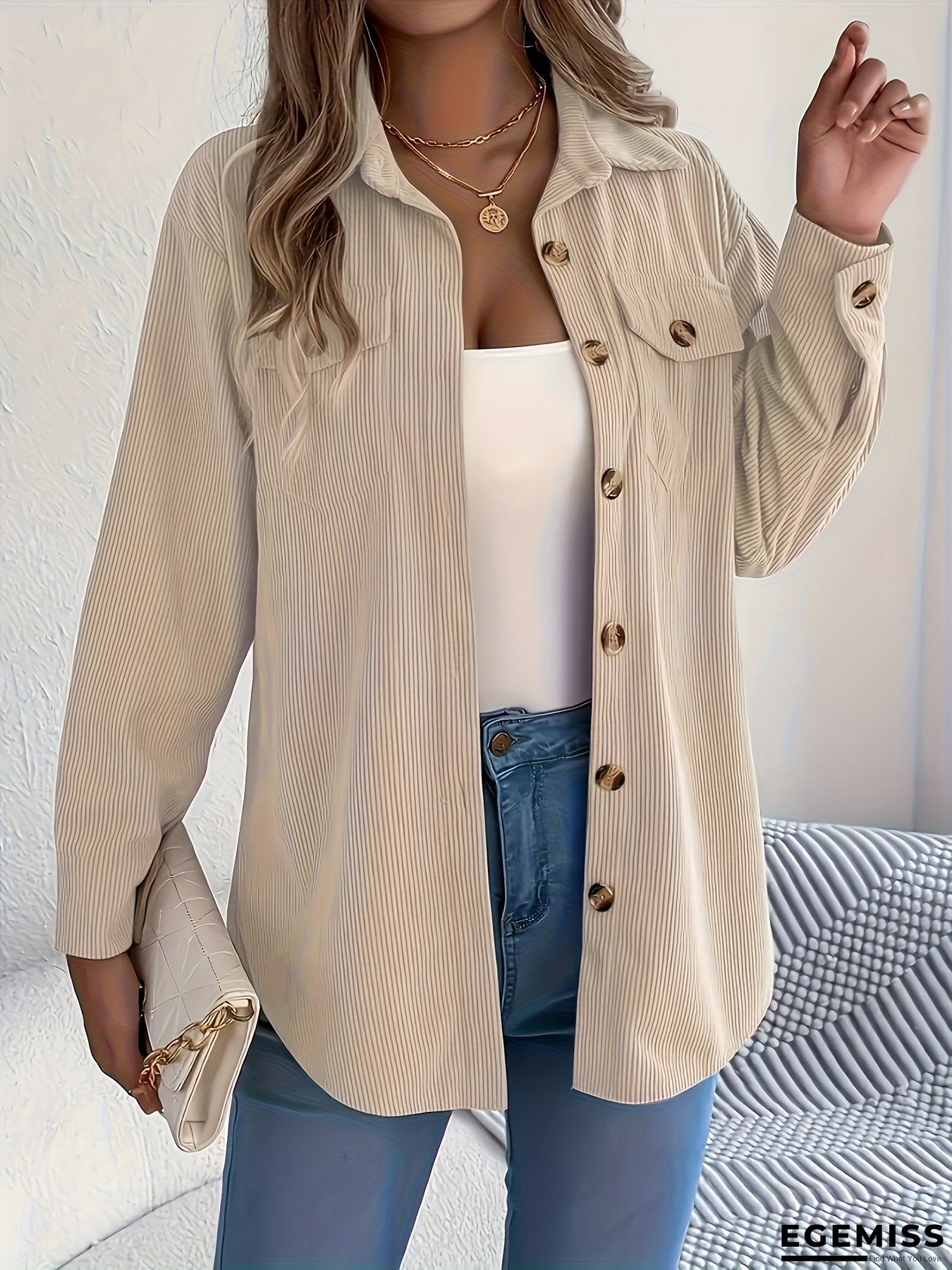 Plus Size - Plus Size Women&lsquo;s Casual Solid Color Corduroy Jacket - Long Sleeve Button-Up with Chest Pockets, Light Beige Ribbed Texture, Versatile All-Season Outerwear, Casual Wear Jacket | Buttonup Jacket | Corduroy Fabric | EGEMISS
