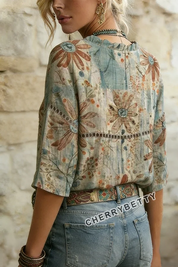 Vintage Floral Print V-Neck Hollow Out Top