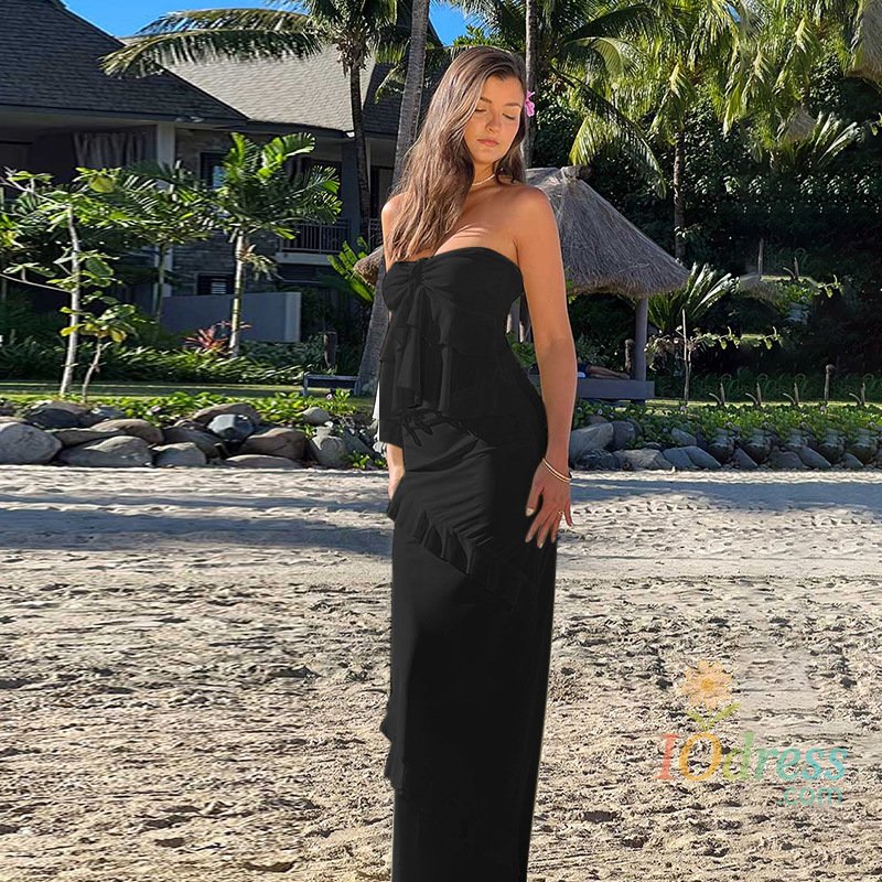 IO Dress Trendix Ruffle Long Dress Sets Women Sexy Off Shoulder Patchwork Mesh See Through Tops Solid High Waist Beach Skirt 2 Piece Suit IO Dress