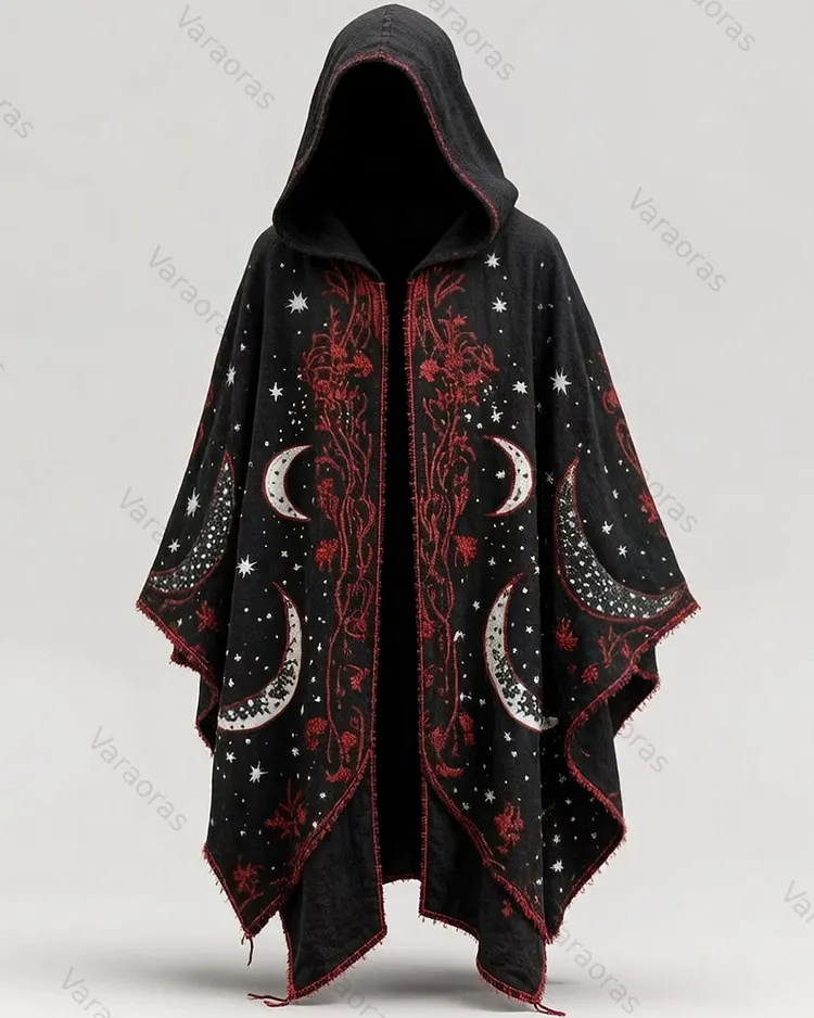 Men's Fashion Star and Moon Print Gradient Color Linen Hooded Cape 3154