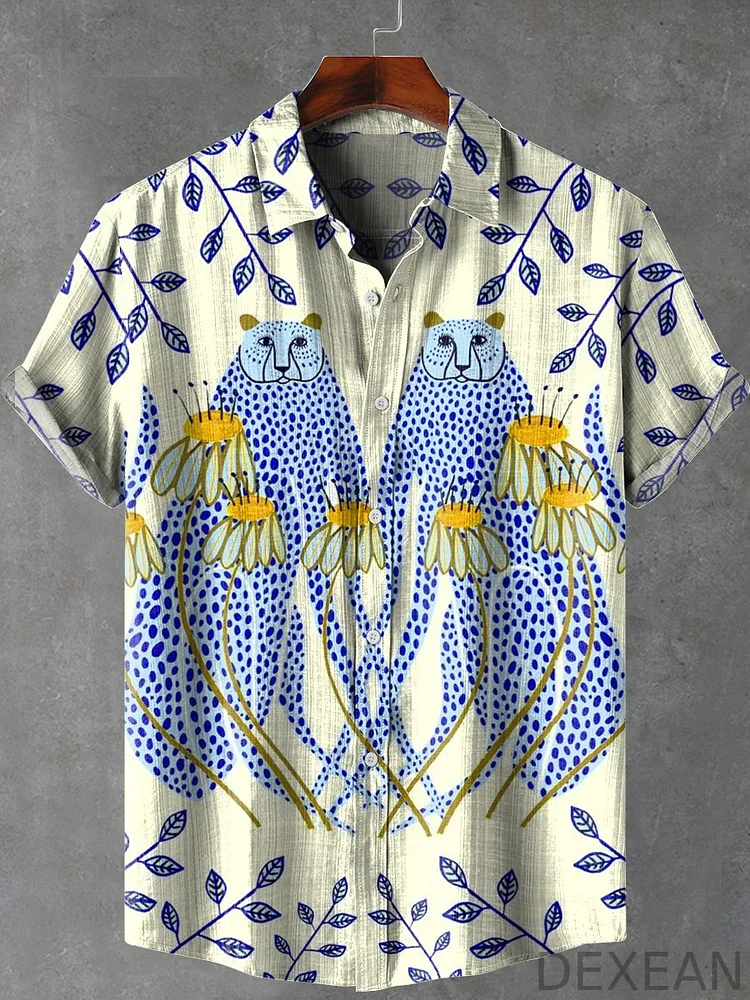 Boho Abstract Cat Flower Art Vintage Print Casual 100% Cotton Shirt