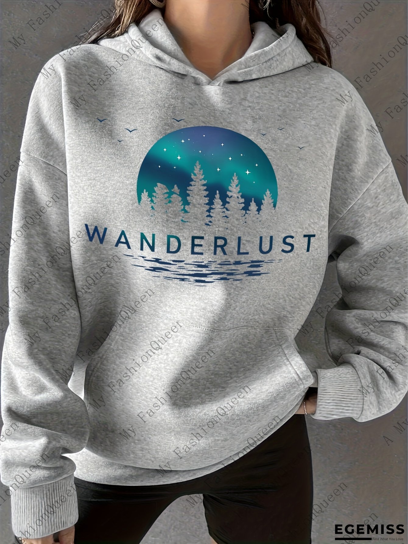 Women's Fleece-Lined Hoodie with Wanderlust & Mountain Print - Cozy Winter Pullover Sweatshirt, Kangaroo Pocket, Loose Fit Casual Travel Sweater, Soft Fleece (No Belt/Hips), Machine Washable Red/Blue Lettering, Halloween Costume Women | EGEMISS