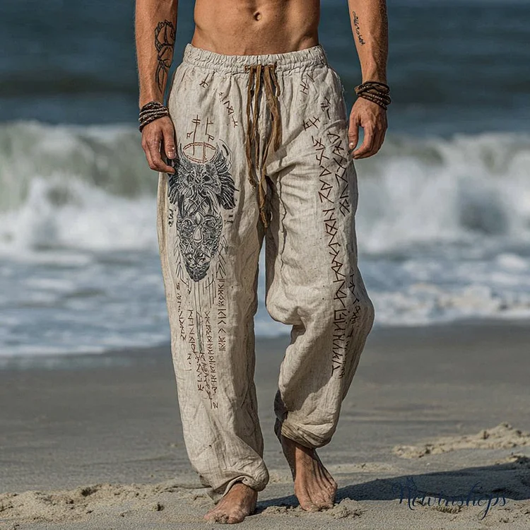 Men's Viking Occult Eagle Vintage Knot Runes Totem Summer Casual Pants