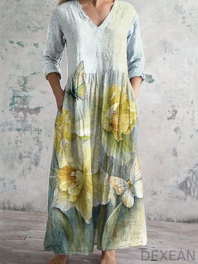 Vintage Chic Daffodil Butterfly Print V-Neck Long Sleeve Midi Dress