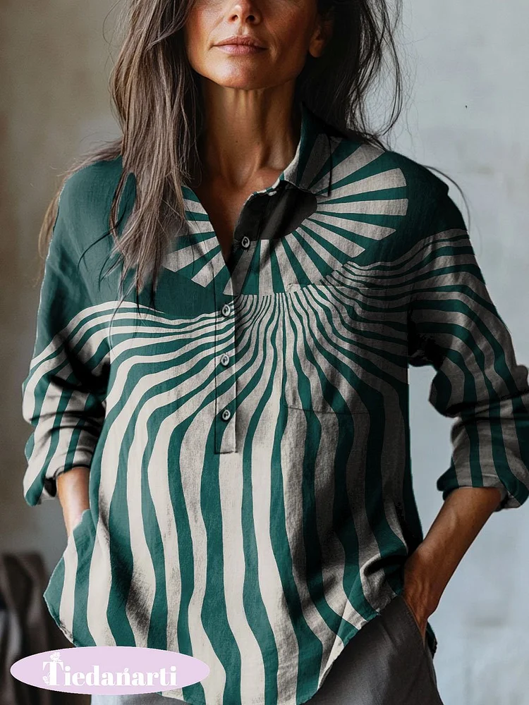 Women's Abstract Stripes Art Print Casual Cotton And Linen Shirt