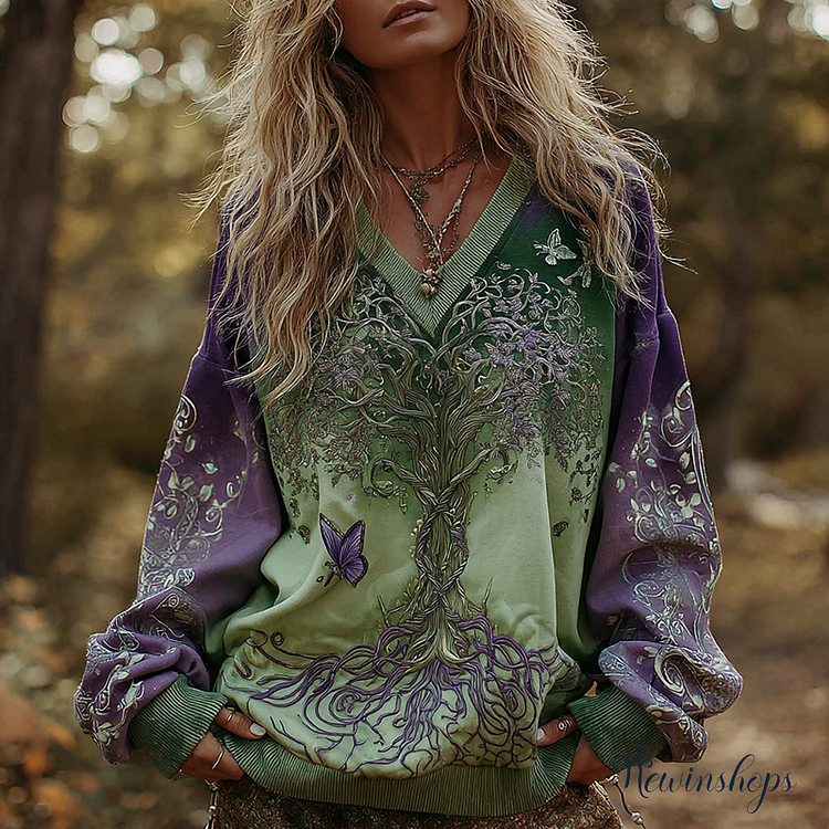 Women's Vintage Tree Of Life Gradient Art Cozy Warm Sweatshirt