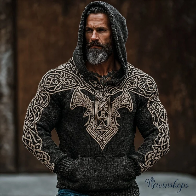 Viking Thor's Hammer & Celtic Knot Men's Hooded Knit Sweater