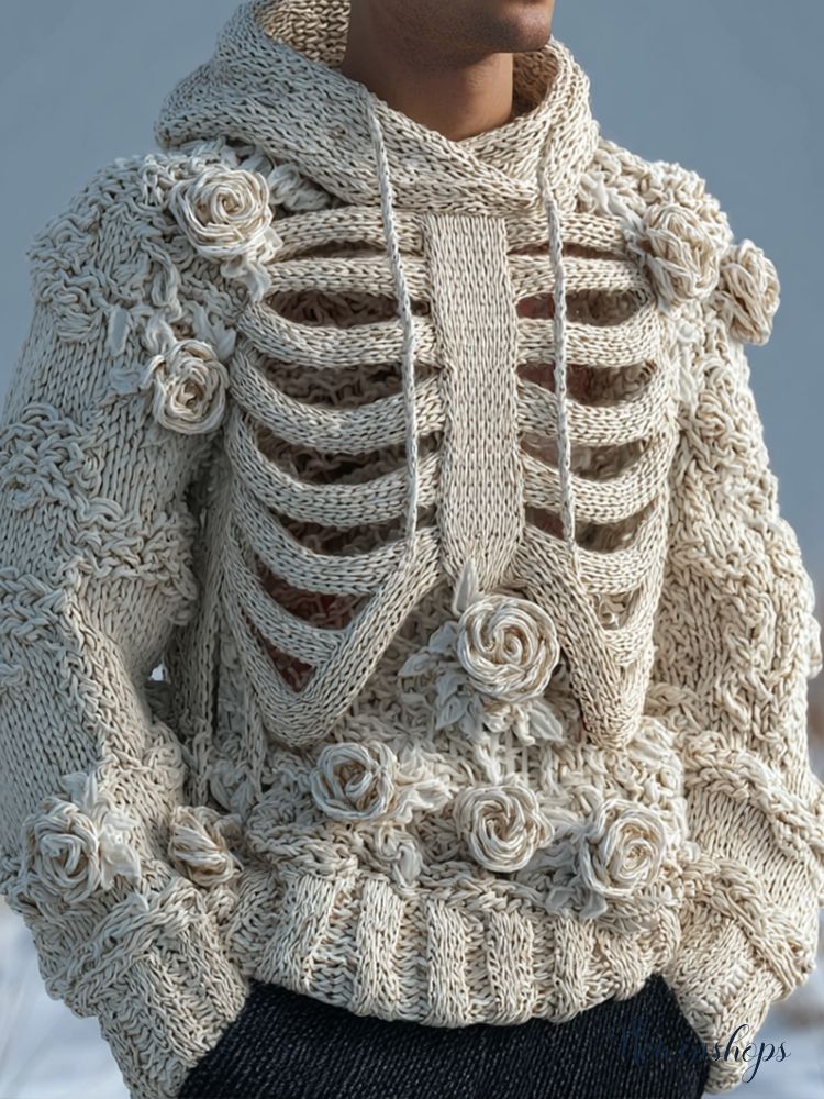 Halloween Human Anatomy Style Bone Pattern And Flower Pattern Combined Design Men's Hooded Knit Sweater