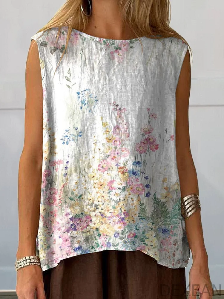 Women's Vintage Botanical Floral Print Casual Cotton And Linen Tank Top