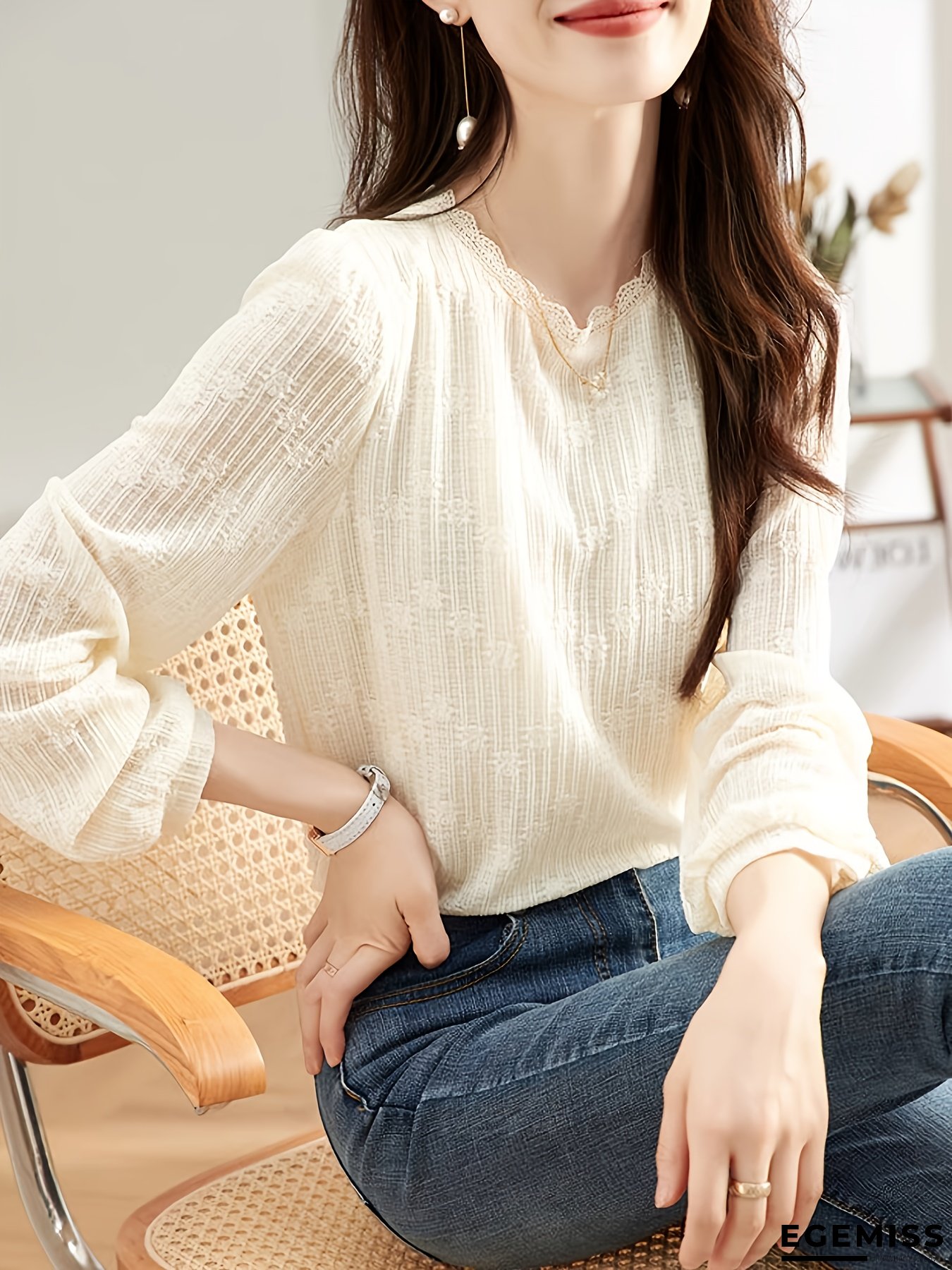 [Elegant Blouse by Angyan Yi] Angyan Yi Women's Elegant Blouse - Beige/White Contrast Lace Long Sleeve Shirt with Semi-Sheer Layering Top, Loose Fit Office & Everyday Blouse for Spring/Fall, Asian-Inspired Casual Chic Top, Spring Outerwear | EGEMISS