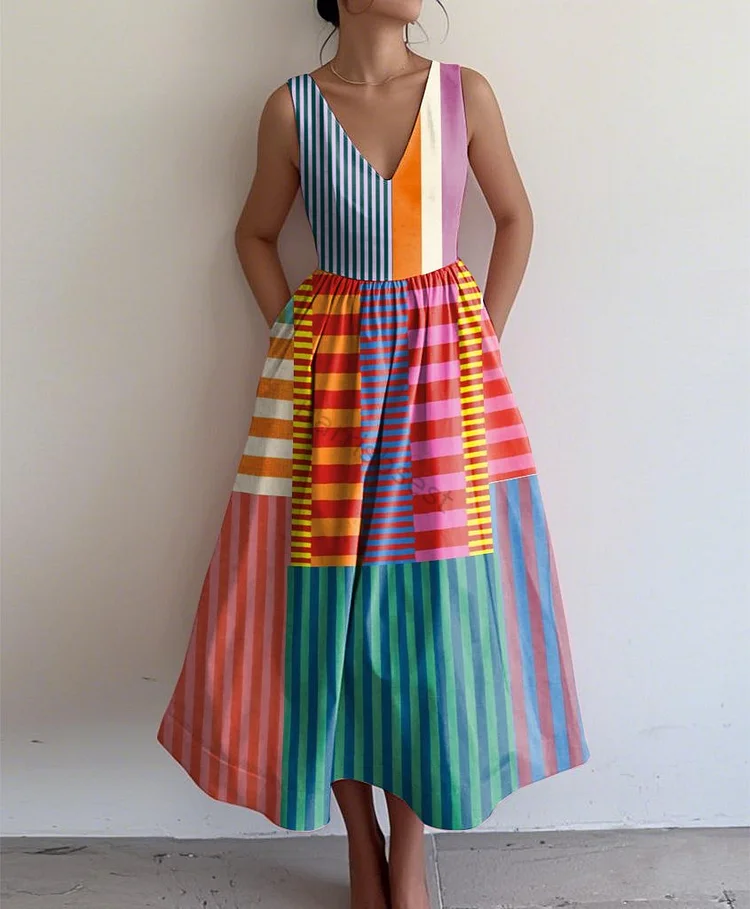 Retro Elegant Abstract Print V Neck Sleeveless Dress
