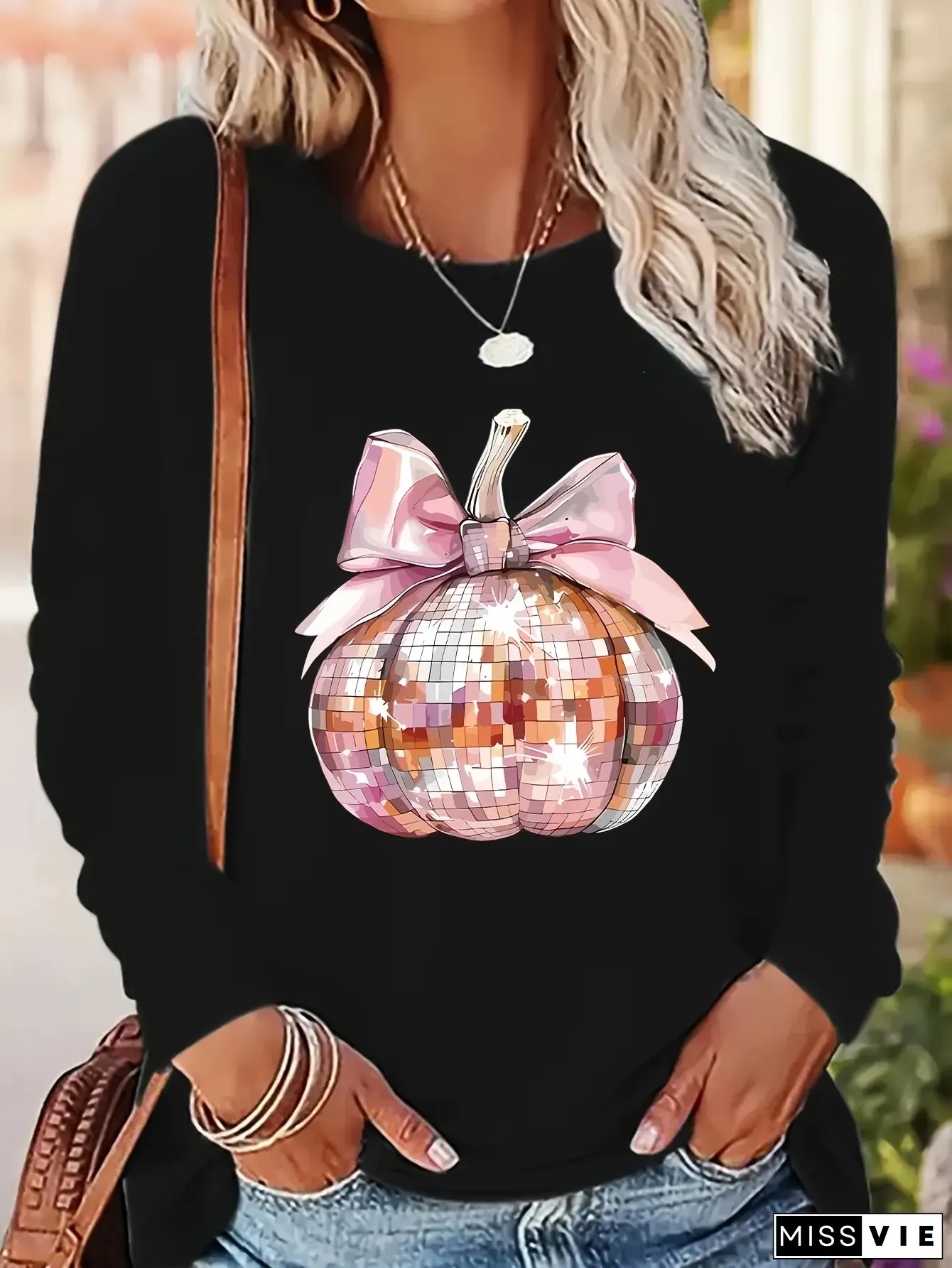 Womens Casual Long Sleeve Crew NeckT-shirt Sparkling Pumpkin Sequin Graphic Print Black