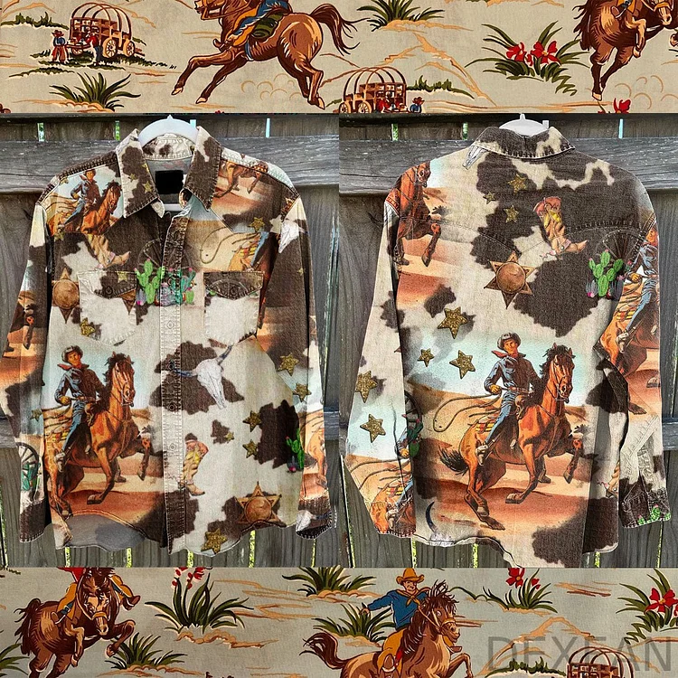 Vintage Western Seamless Pattern Print Casual Shirt
