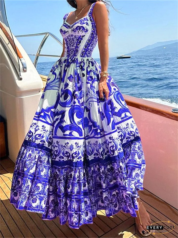 Women's New Bohemian Wind in The Middle of The Long Section of The Large Swing Printed Halter Dresses
