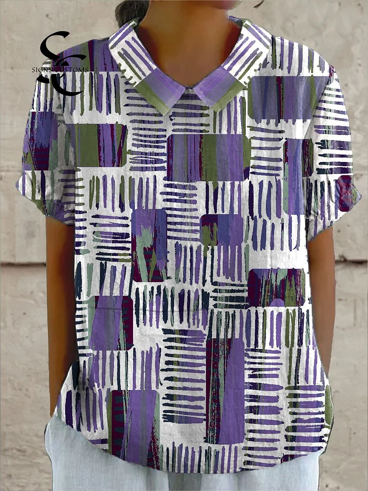 Women's Fashion Color Block Art Print Casual Cotton And Linen Shirt