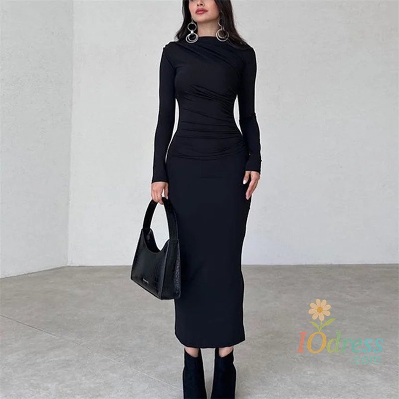 IO Dress Women Slim Wrap Hip Dresses Fashion Stretch Straight Dress Female Casual Party Commuter Long Sleeve Gown Solid Color Streetwear