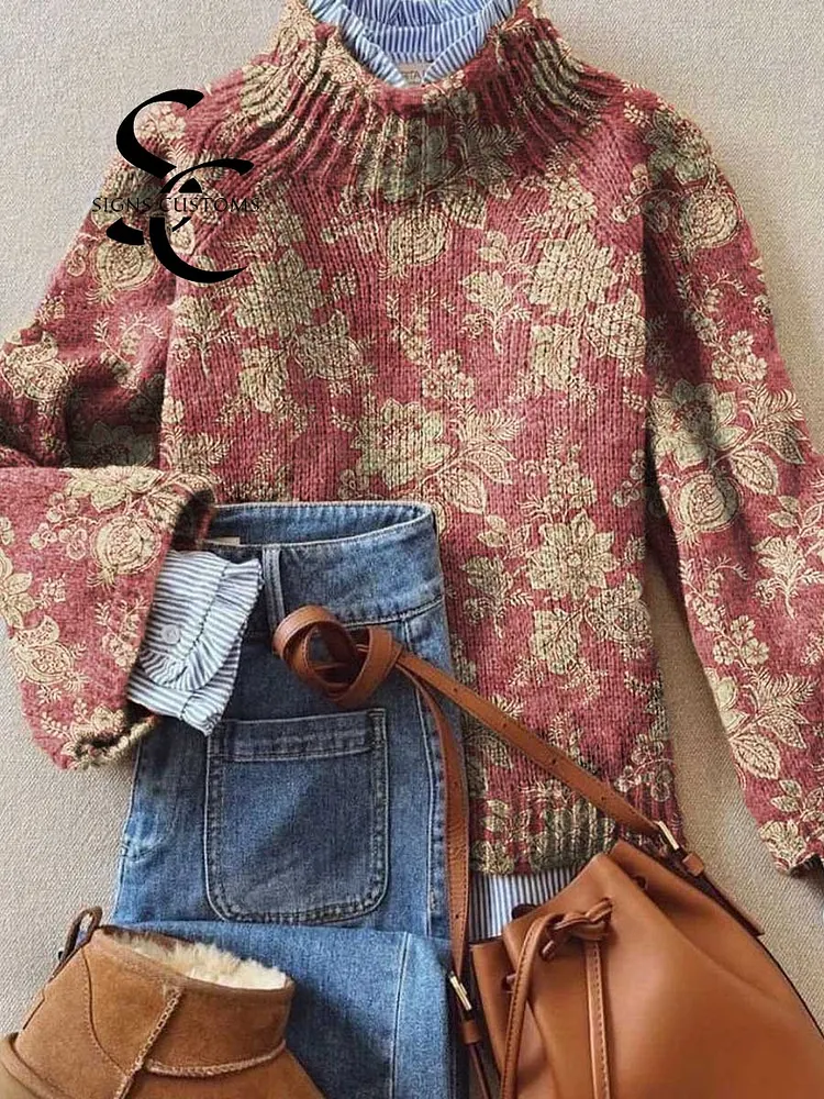 Women's Vintage Lovely Floral Art Print Knit Turtleneck Pullover Sweater