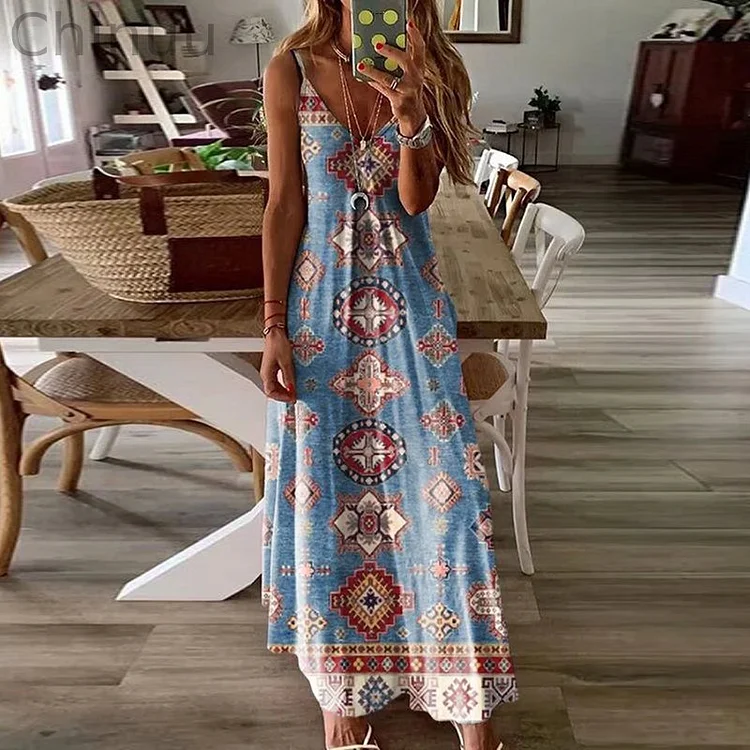Women'S Western Style Azte Ethnic Printed Sleeveless Dress