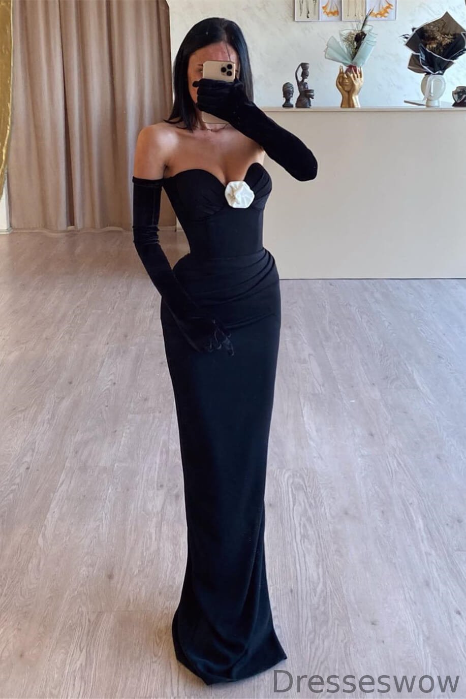 Dresseswow Black Sweetheart Mermaid Evening Dress With Gloves Long