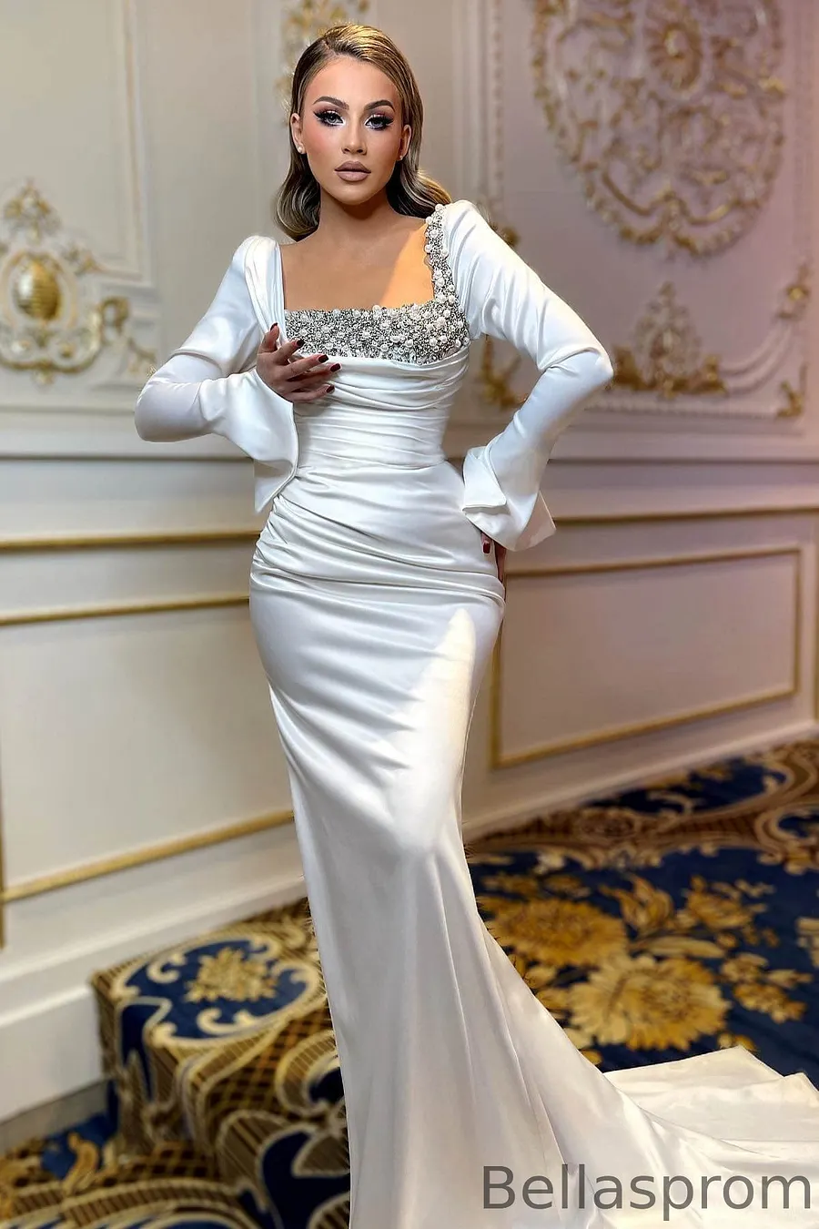slim fit dress slacks Long Sleeve Gold Ball Gown Prom Dresses Sparkly Lace Princess Dress FD –  Viniodress main image 1