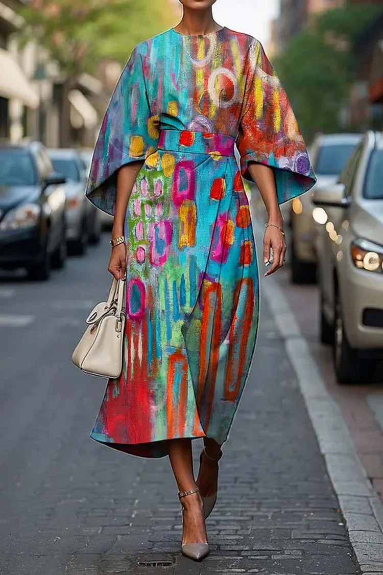 Women's Vintage Elegant Abstract Geometric Print Midi Dress