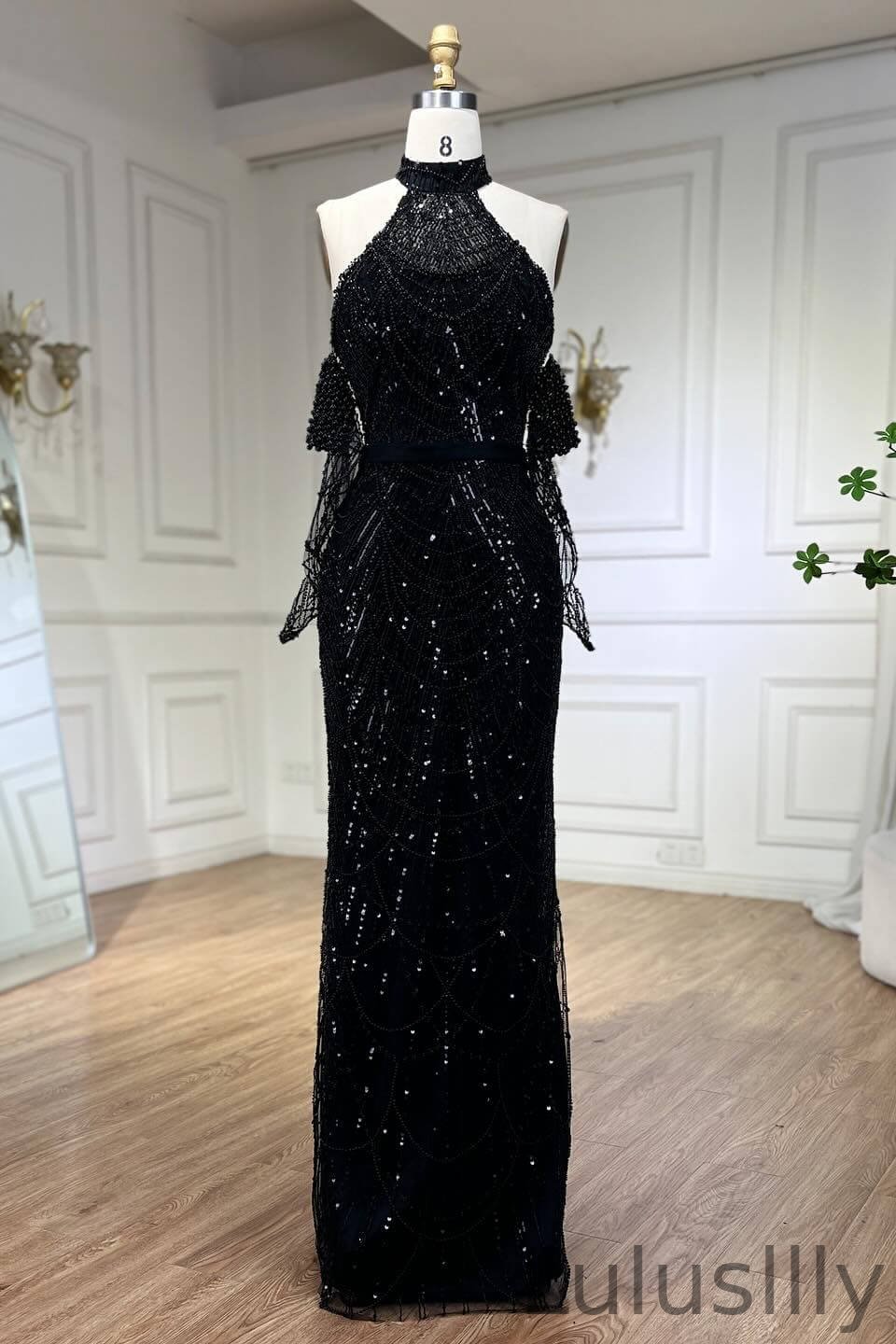 Classic Halter High Neck Mermaid Evening Gowns With Pearls Sequins Detachable Sleeves - lulusllly