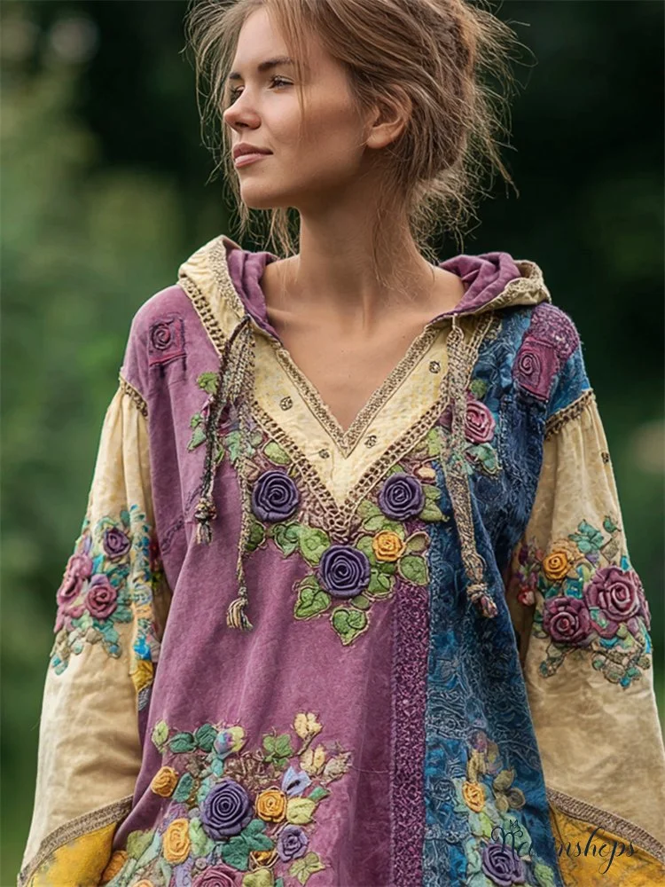 Boho Purple Roses Embroidered Colorblock Stitched Linen Hoodie