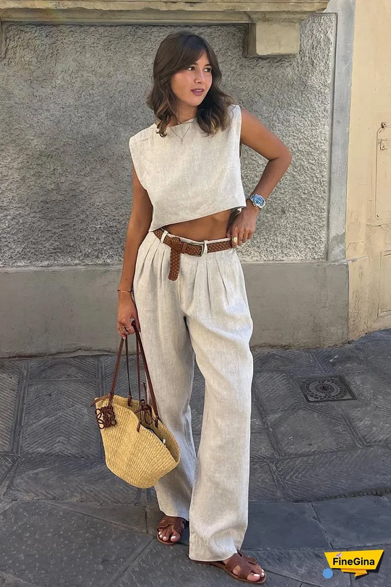 Linen Sleeveless Top & Wide Leg Pants Set