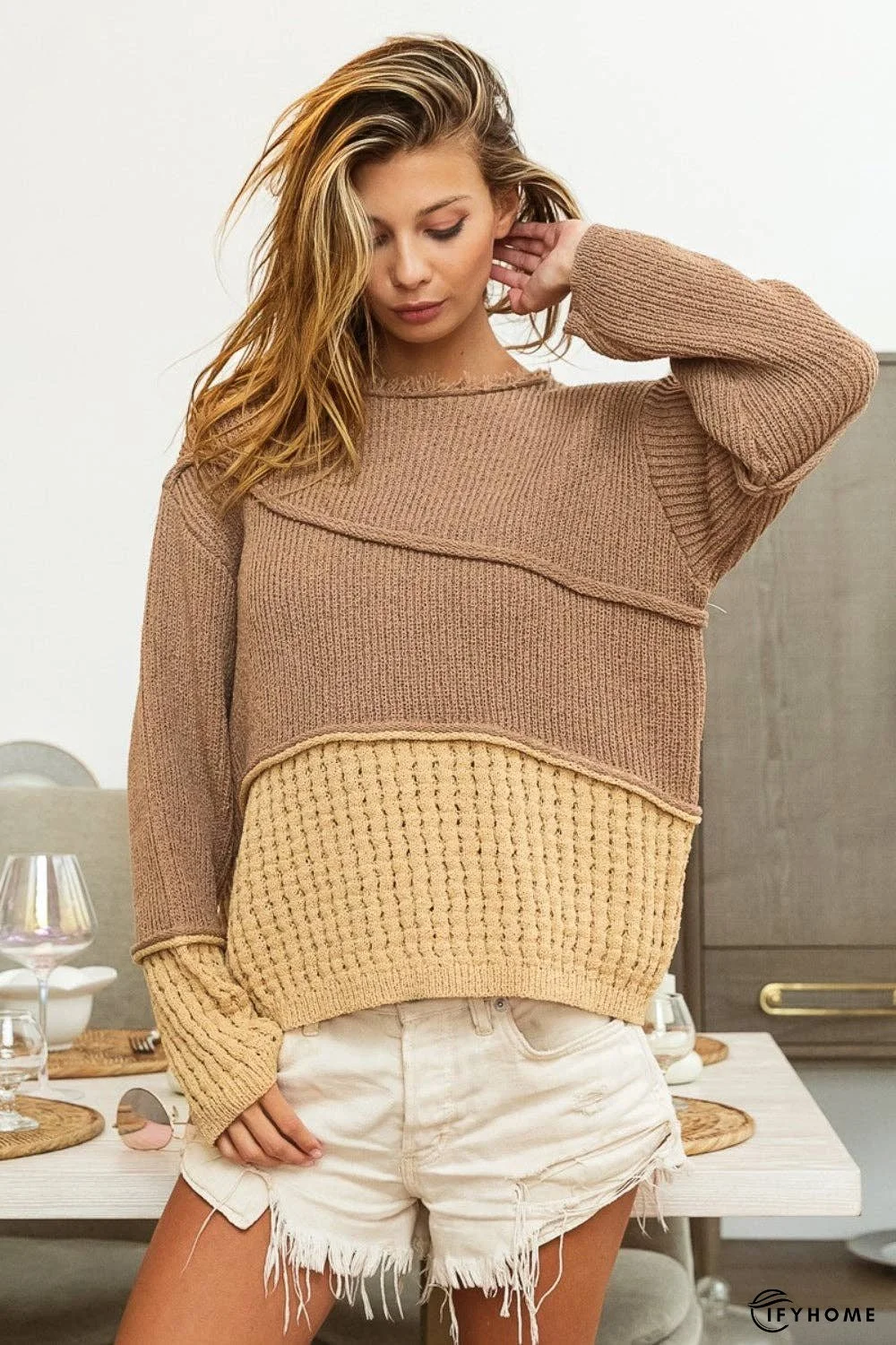 BiBi Texture Detail Contrast Drop Shoulder Sweater | IFYHOME