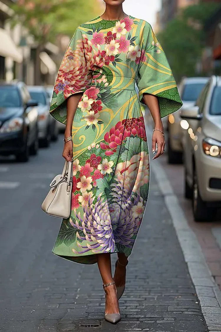 Women's Elegant Japanese Art Print Midi Dress