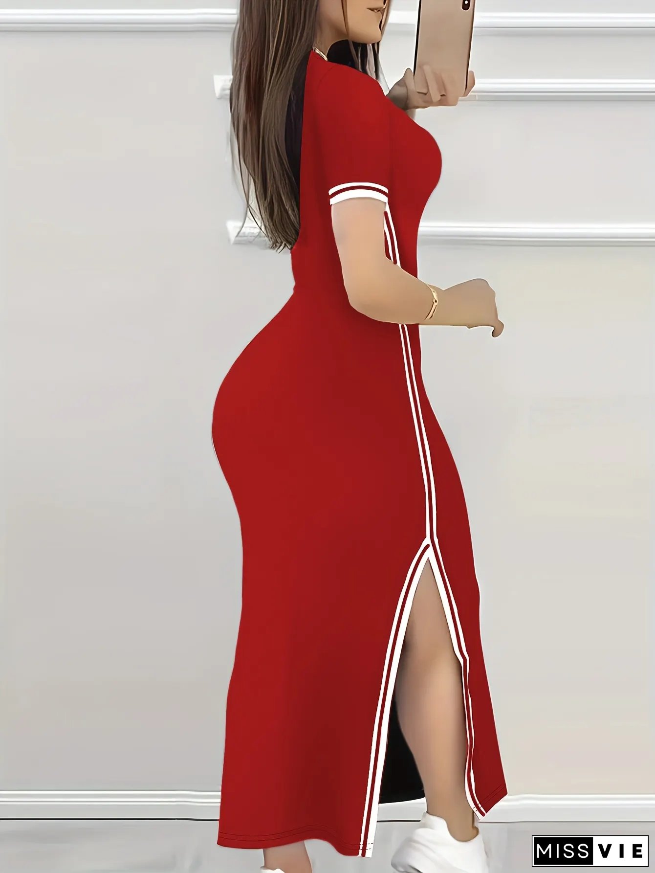 Bodycon Crewneck Short Sleeve Dress Micro Elastic Polyester Machine Washable Solid Color