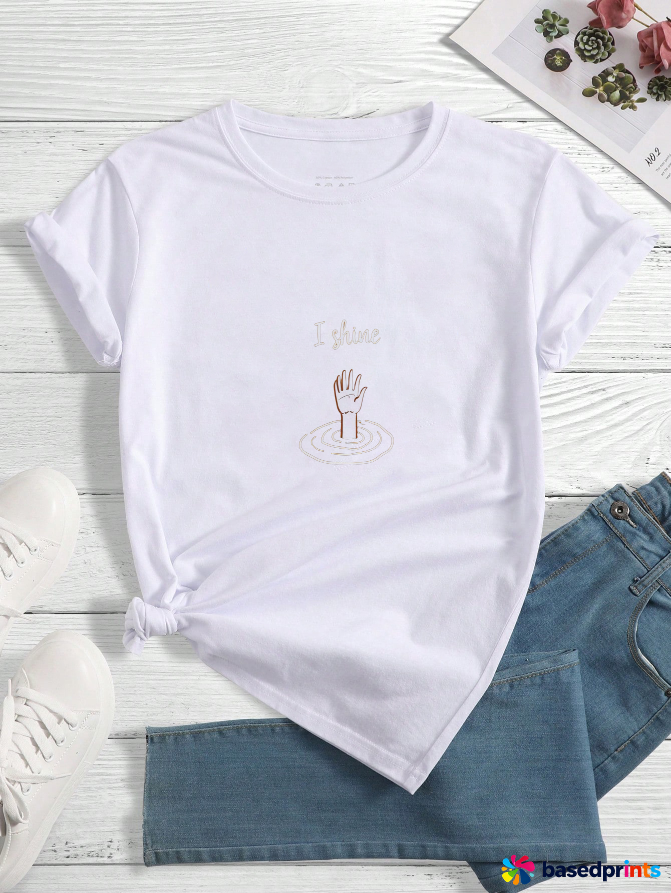 White Short Sleeve T-Shirt with Hand in Water Print and I Shine Text - Casual Wear