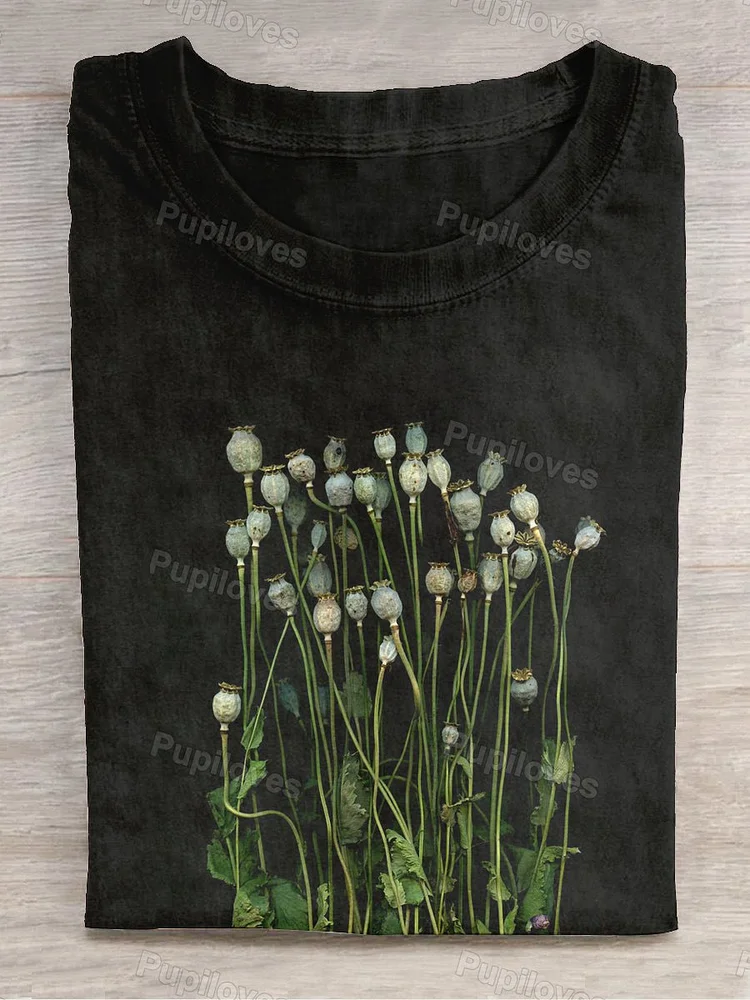 Pupiloves Pupiloves  Unisex Botanical Art Print Casual Round Neck T-Shirt