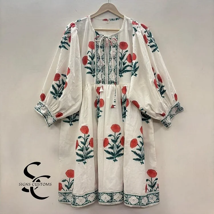 Floral Hand Block Print Woman Midi Dress &ndash; Bohemian Cotton Dress for Women with String Closure & Full Lining