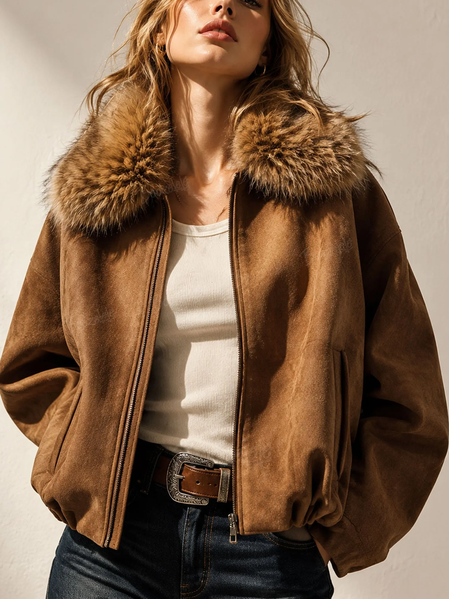Perfect for an Upscale Rodeo Night Event &mdash; Women's 2026 Autumn Camel Brown Suede Faux Fur Collar Zip Front Bomber Jacket