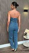 Jazzy Blue Denim Strapless Wide Leg Jumpsuit