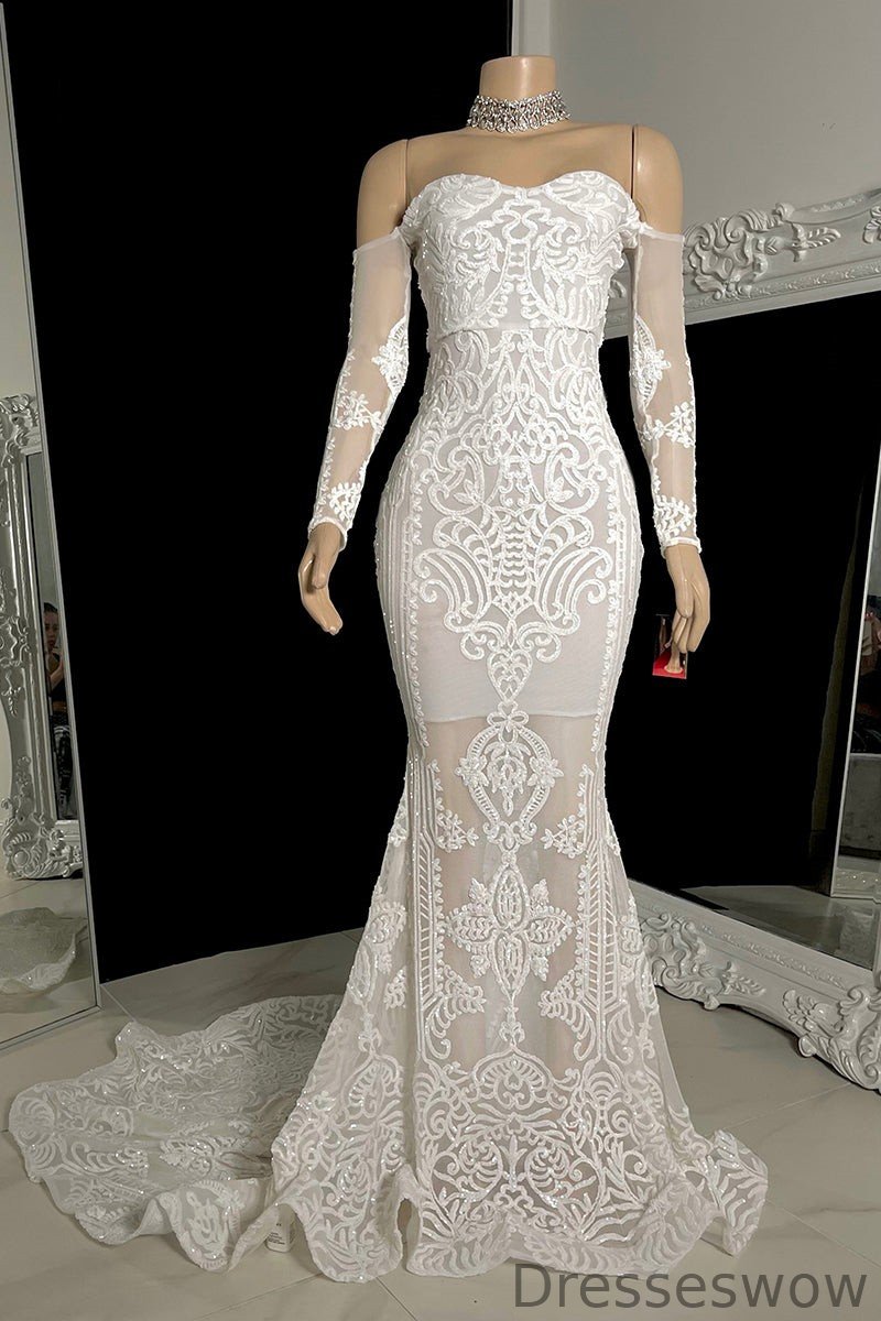 Dresseswow White Long Sleeves Mermaid Prom Dress Lace Off-the-Shoulder
