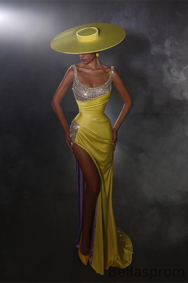 Bellasprom Yellow Straps Mermaid Evening Dress Long With Beads High Split Bellasprom