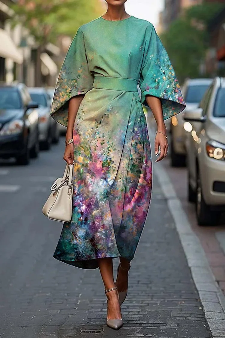 Women's Vintage Elegant Art Floral Print Midi Dress