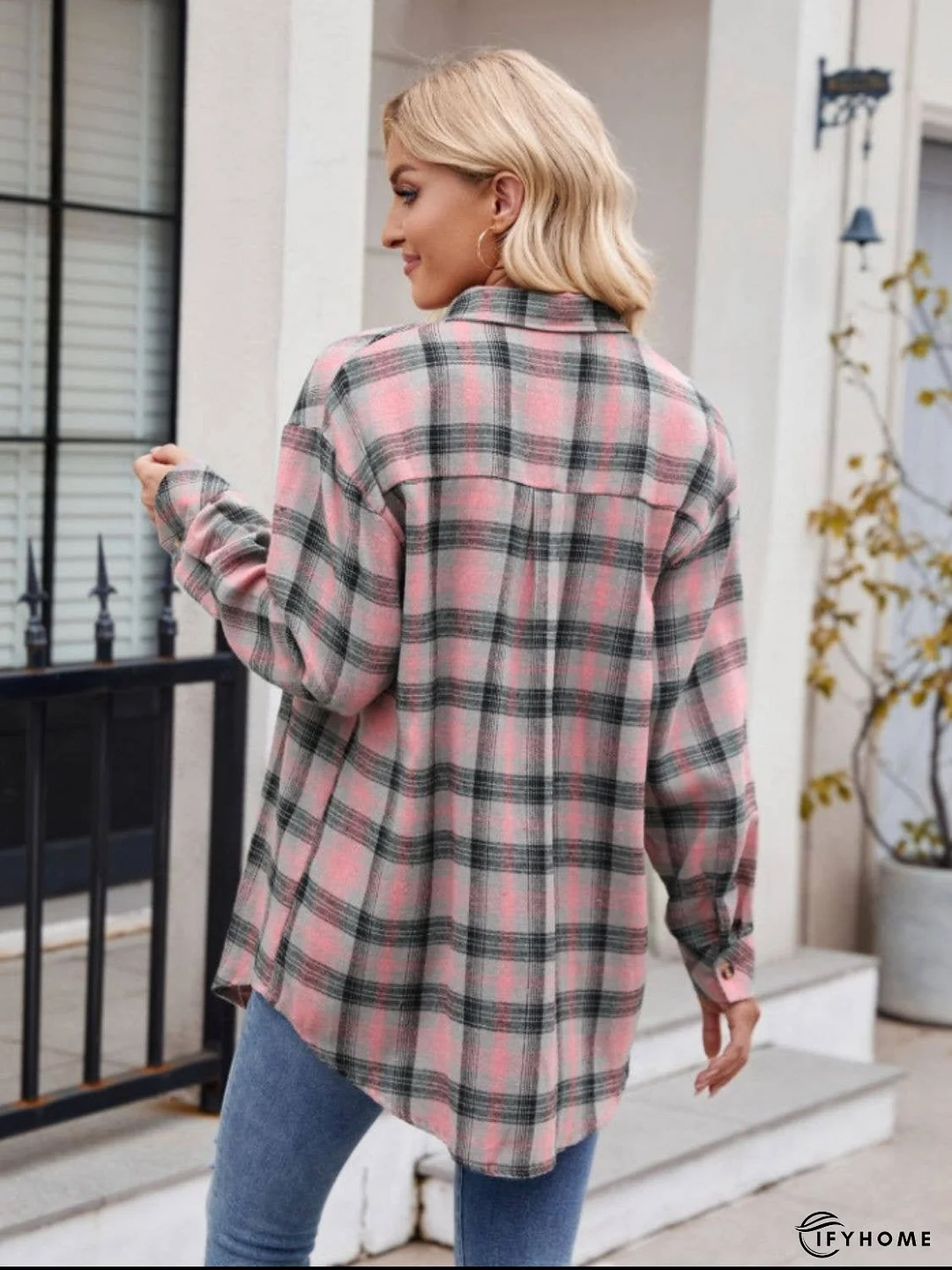 Pocketed Plaid Collared Neck Long Sleeve Shirt | IFYHOME