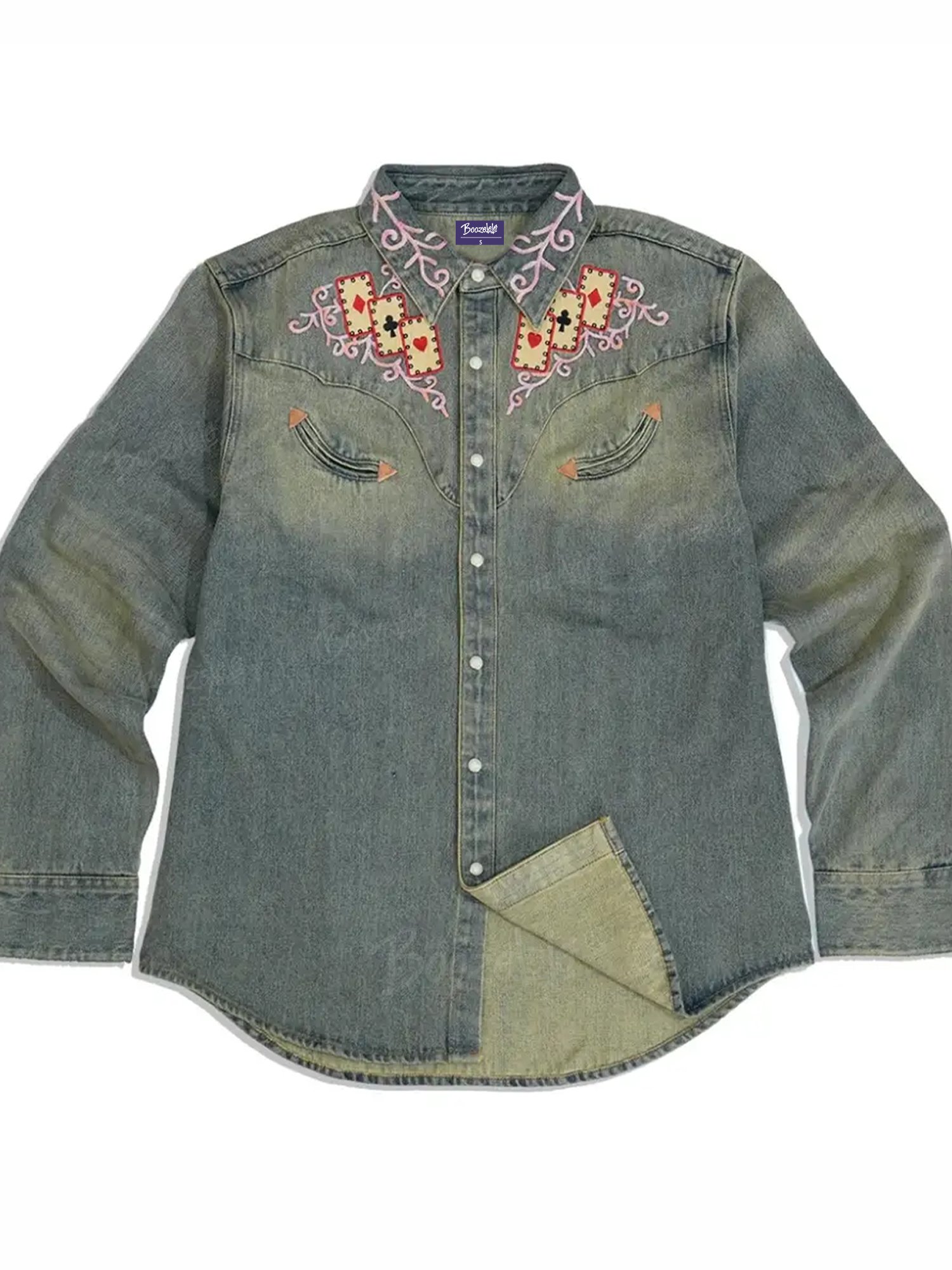 【Embroidery】American Vintage Style Playing Card Embroidery, Western Cowboy Style, Washed And Distressed, Slim-Fit Men'S Thick Denim Shirt