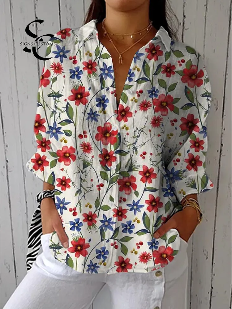 Women's Lovely Floral Art Print Casual Cotton Linen V-neck Shirt
