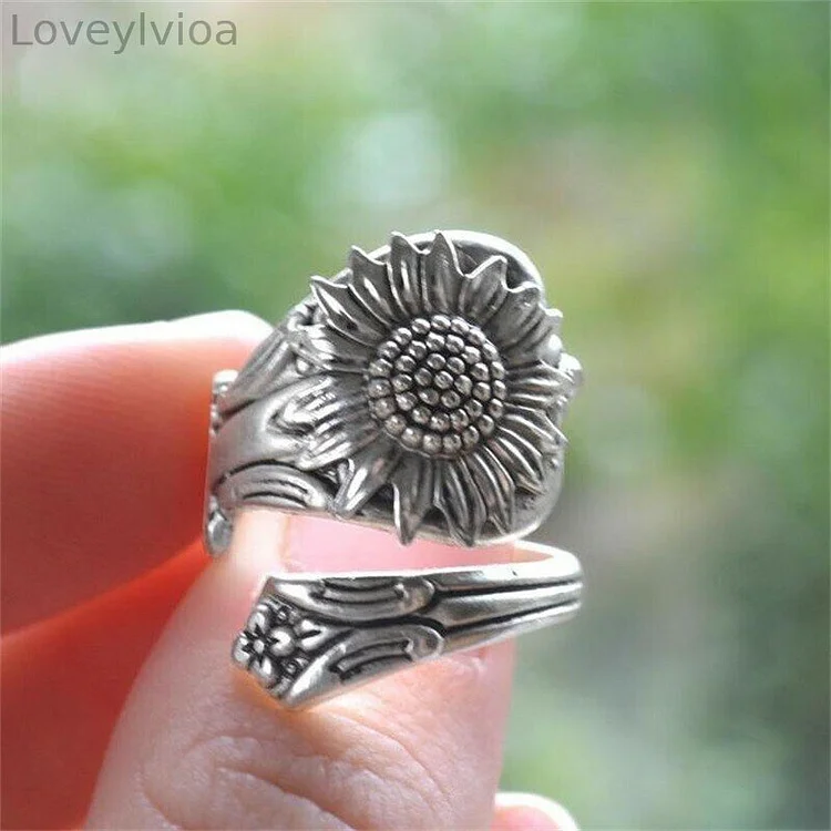 Silver Sunflower Adjustable Spoon Ring