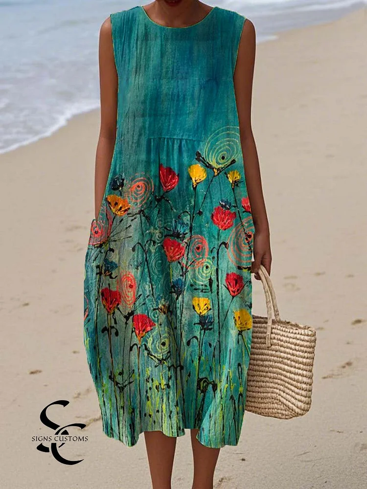Women's Vintage Floral Art Print Sleeveless Cotton Pocket Wrap Dress