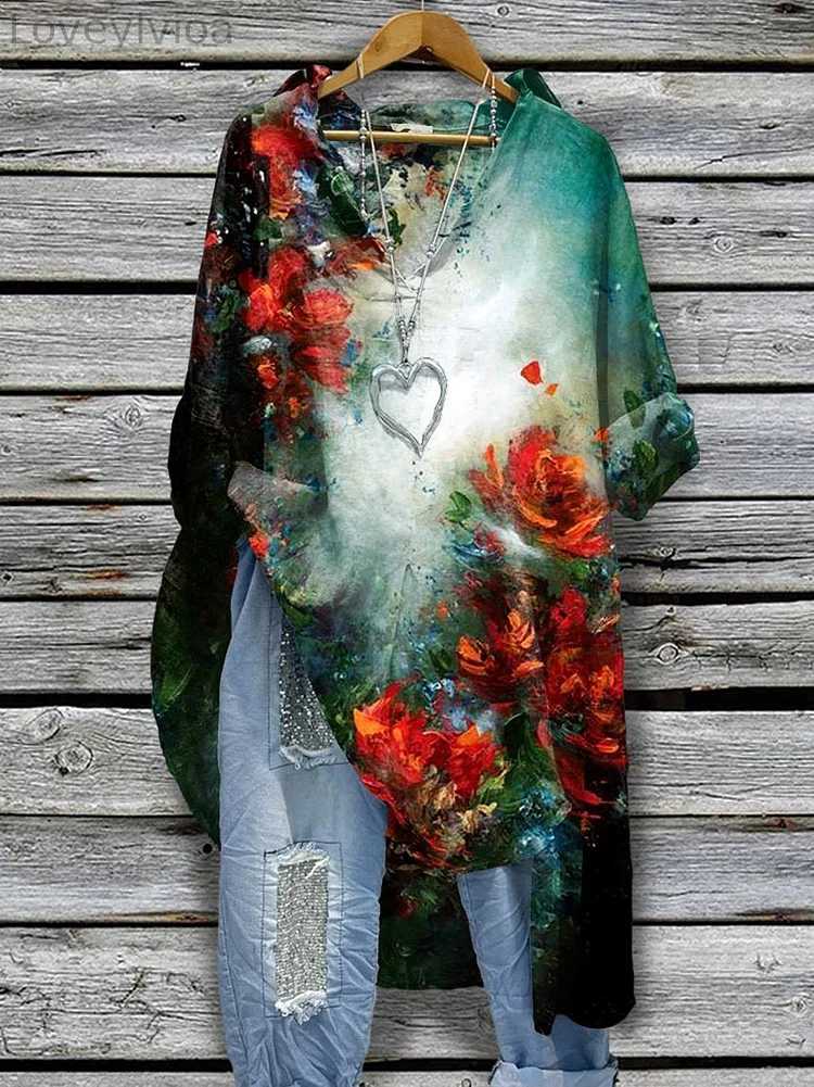 Women's Flower  Print Casual Cotton And Linen Blouse