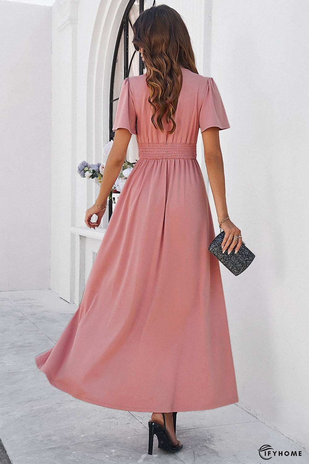 Slit V-Neck Short Sleeve Dress | IFYHOME