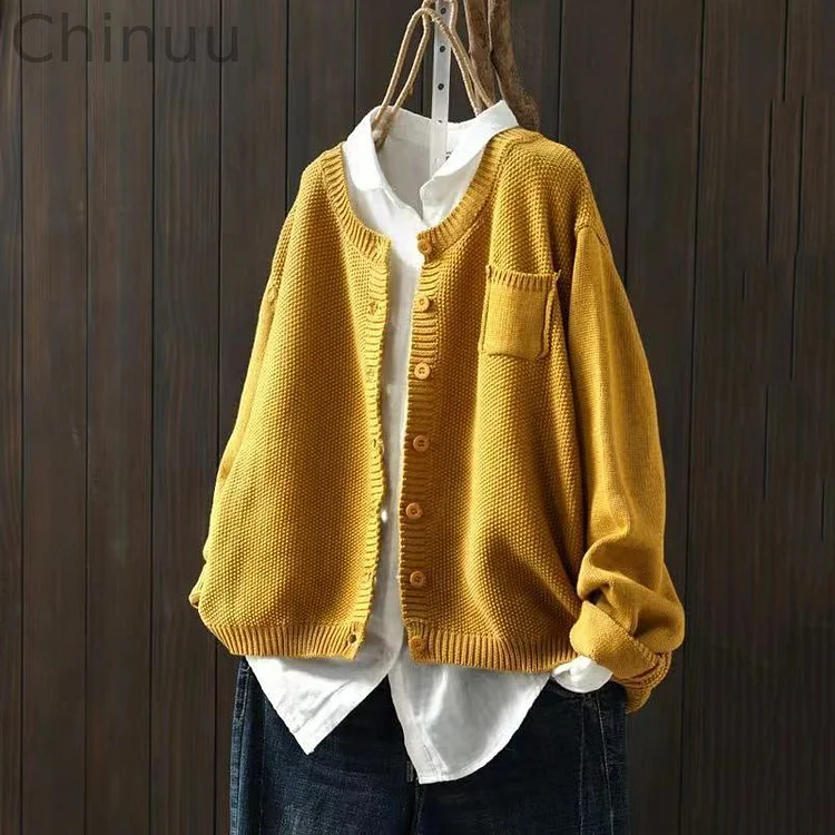 Vintage Button Plain Pocket Comfy Daily Sweater
